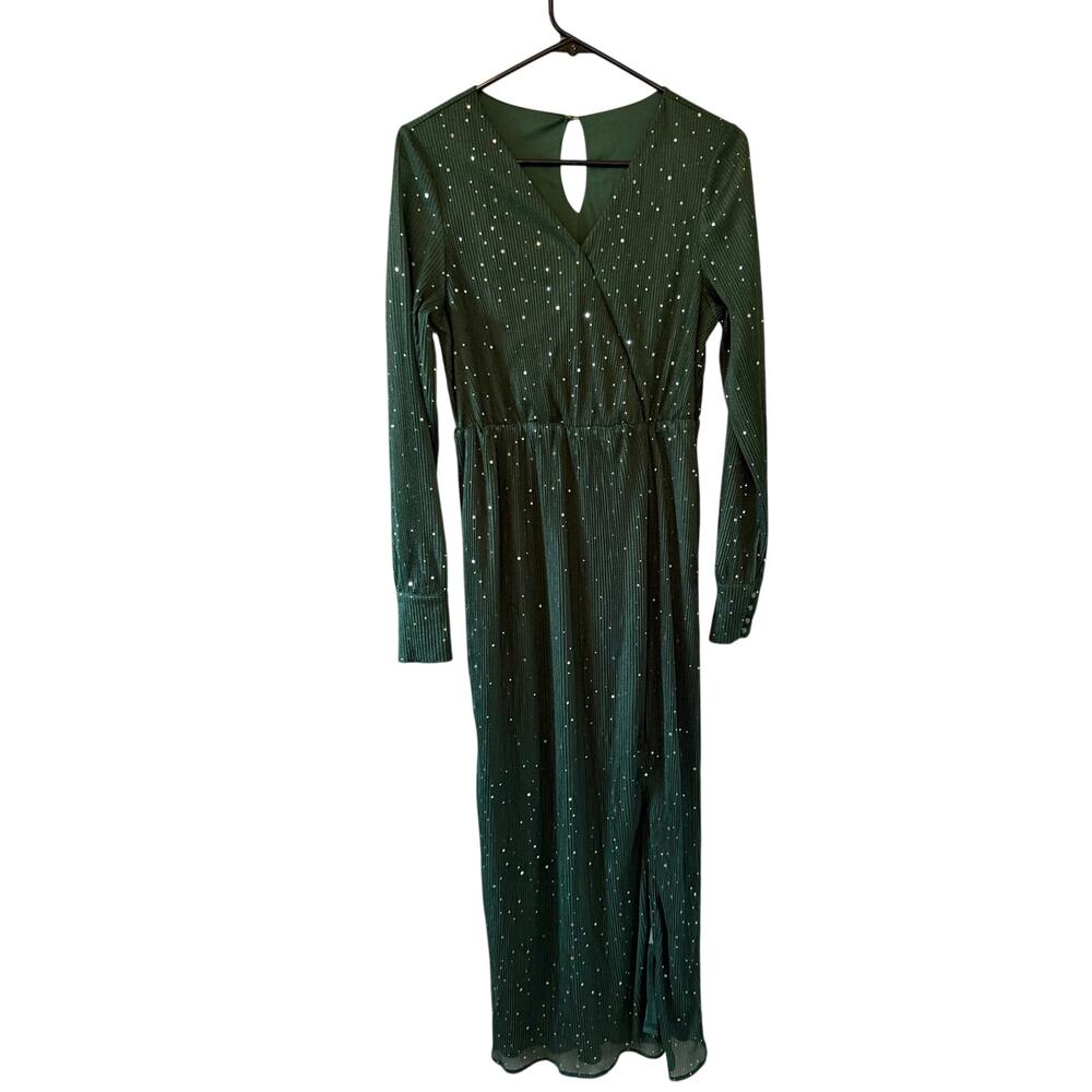 Women's Long Green Sparkle Sheer Sleeve Side Slit Holiday Dress Sz Small
